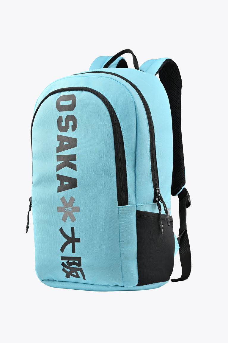 Light blue Osaka sports backpack with black trim and vertical logo print