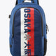 Osaka sports backpack in blue with front vertical brand graphic and zip pockets
