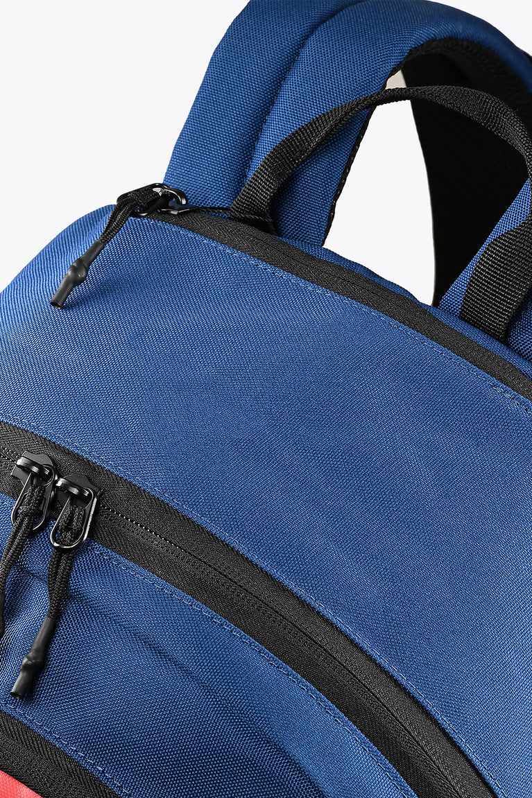 Osaka sports backpack, blue top with black zipper and reinforced fabric seams