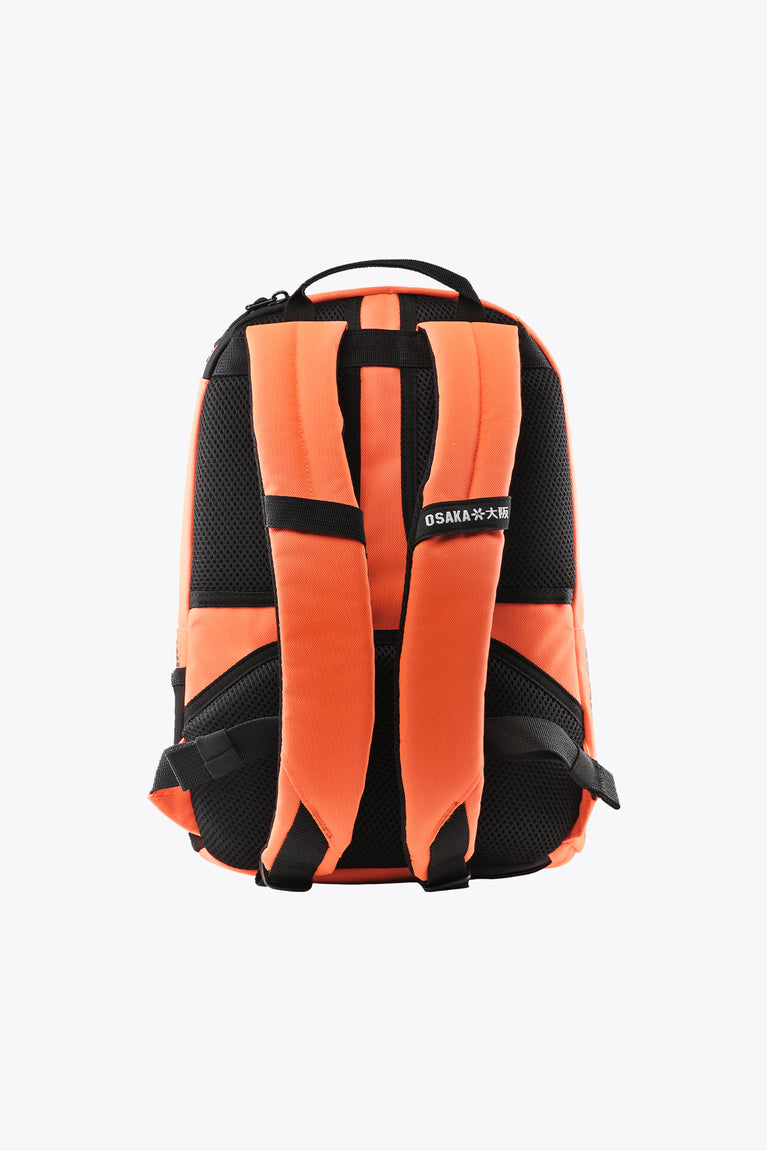 Kids sports backpack back view, orange with black padded mesh shoulder straps