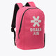 Kids hot pink sports backpack with black side panels and Osaka logo on front