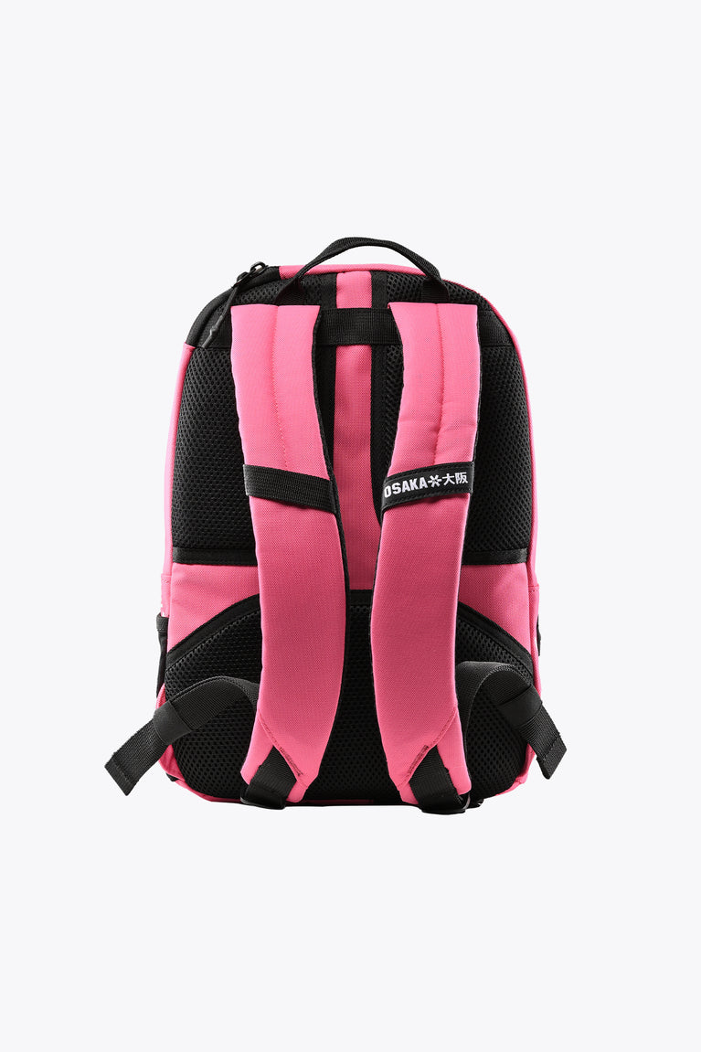 Kids hot pink backpack with padded back straps and black adjustable shoulder belts