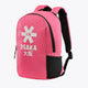 Kids hot pink sports backpack with Osaka graphic and black bottom panel, side straps