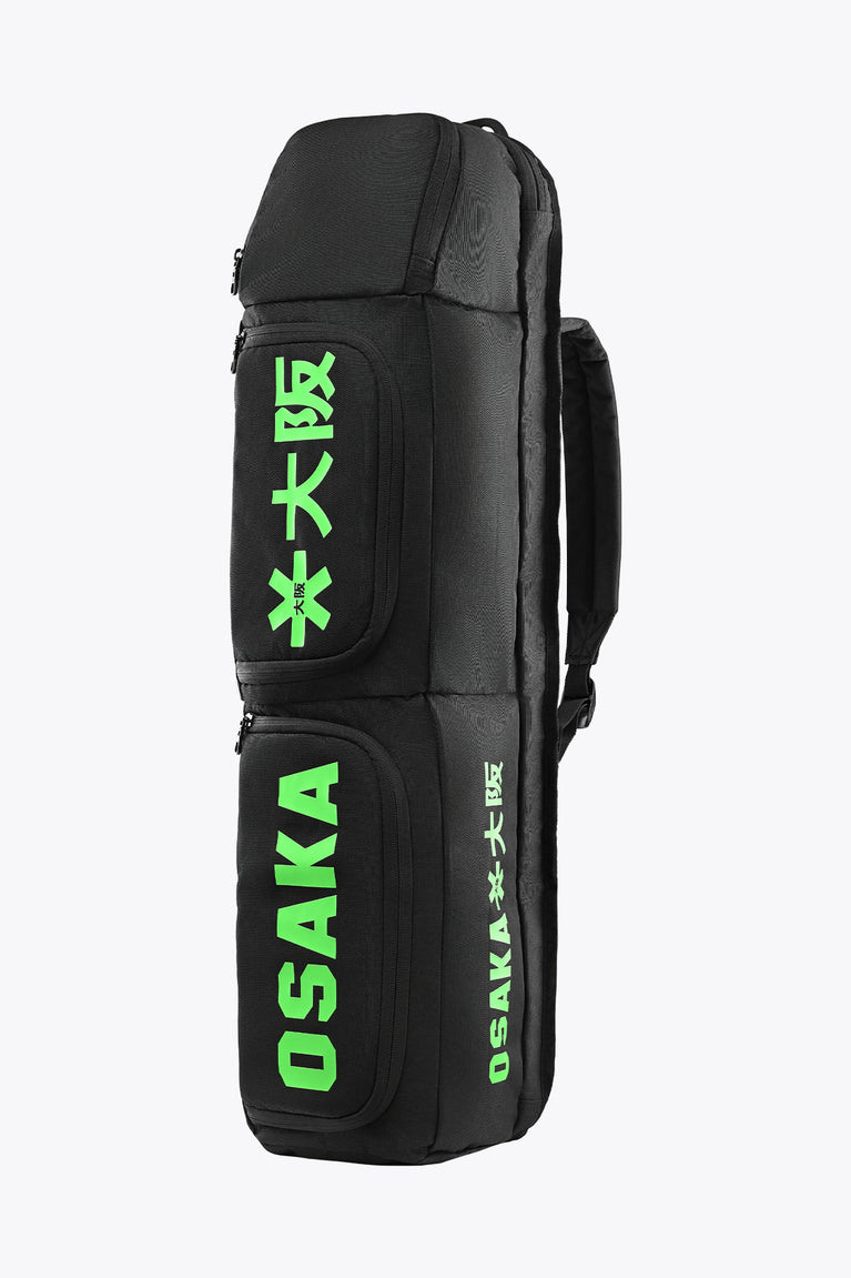 Kids stickbag small black angled view with neon green OSAKA vertical lettering.