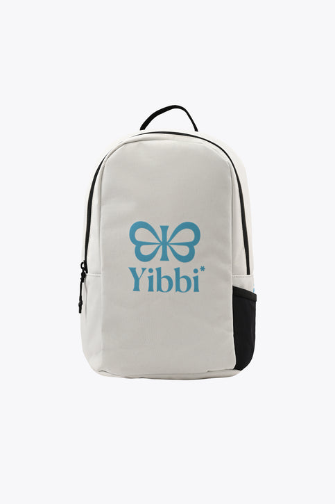 Kids sports backpack in white with black piping and Yibbi logo front pocket