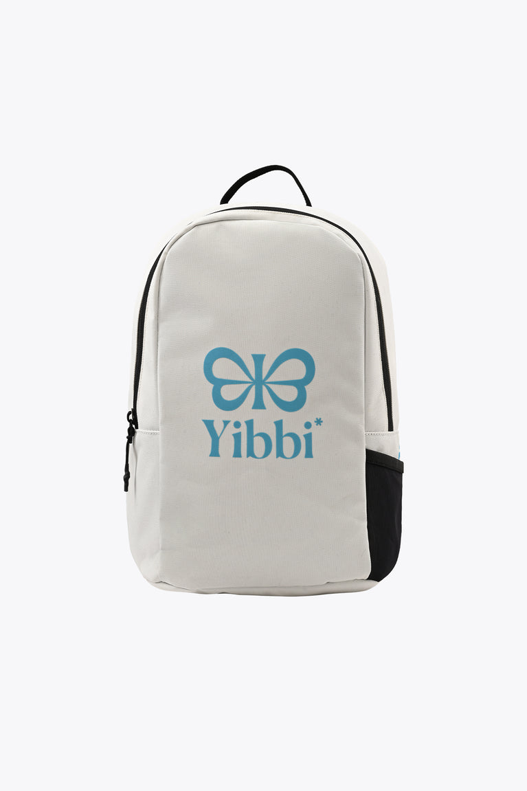 Kids sports backpack in white with black piping and Yibbi logo front pocket