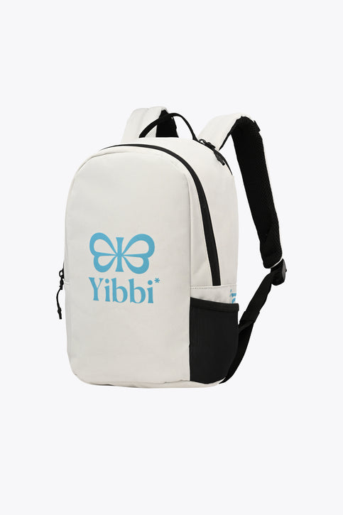 Kids sports backpack in white with black piping and Yibbi logo front pocket