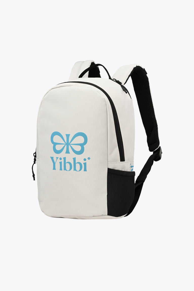 Kids sports backpack with white front and black side panels, Yibbi logo