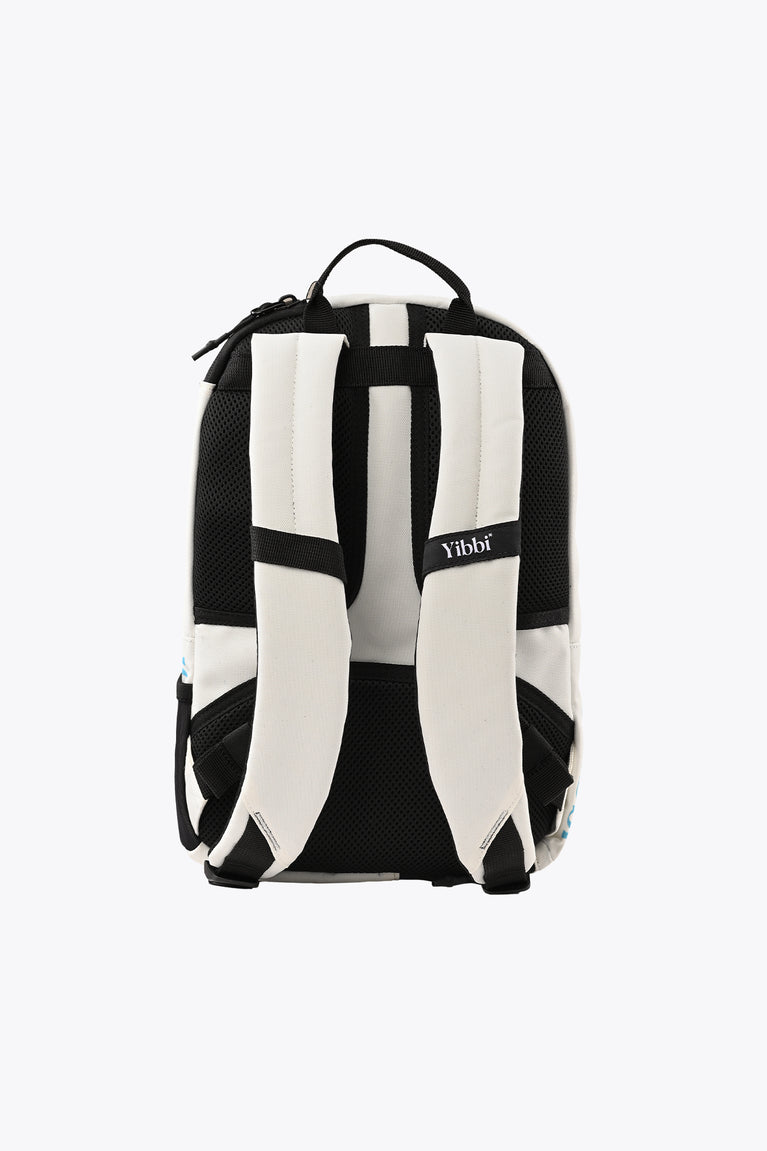 Kids sports backpack back view with black and white panel design and Yibbi logo