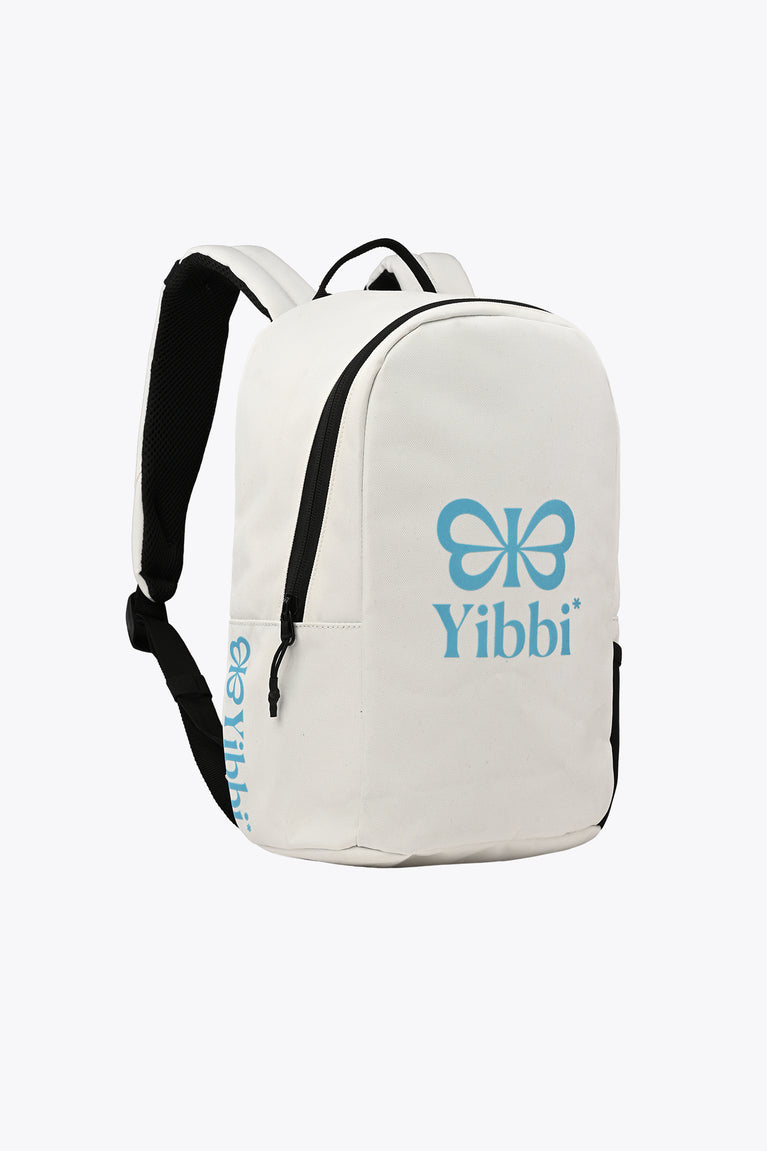 Kids sports backpack side view in white with black straps and Yibbi logo