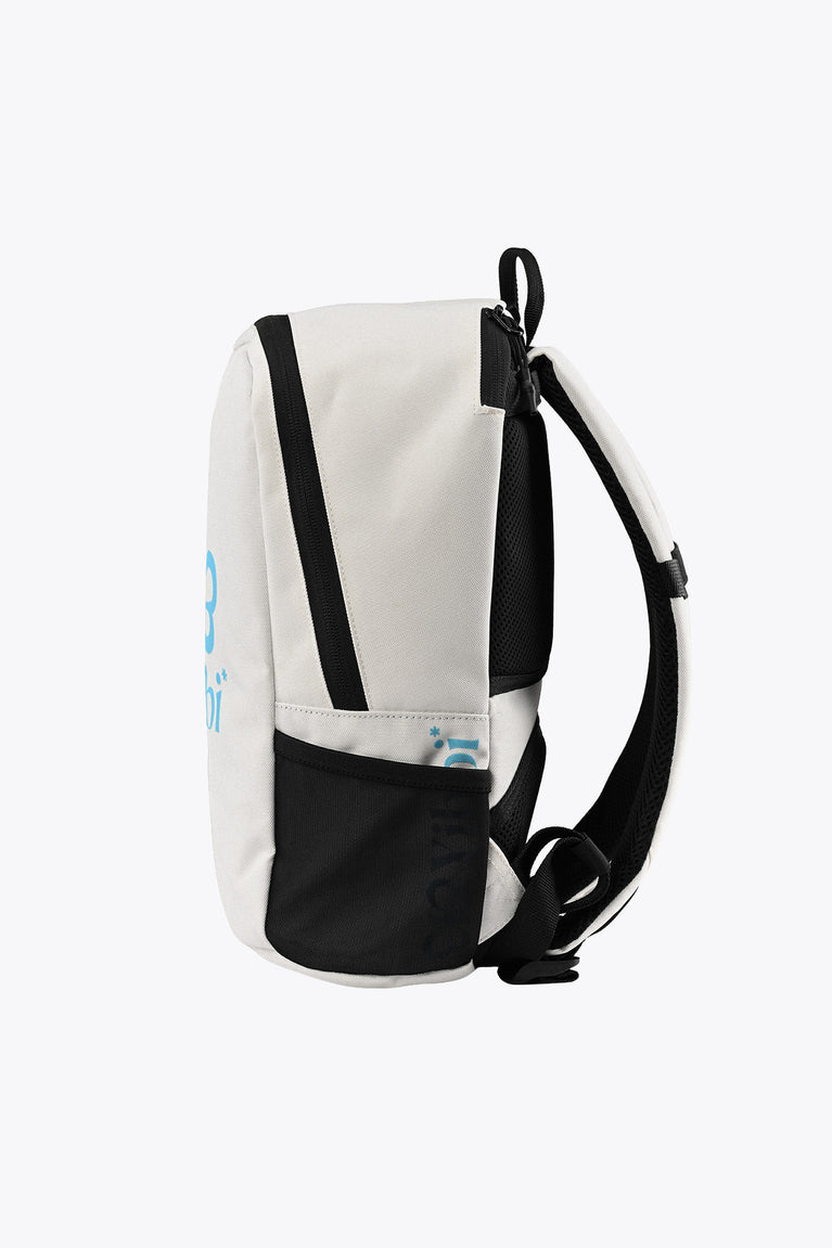 Kids sports backpack angled view with white body, black pocket and adjustable straps