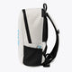 Kids sports backpack angled view with white body, black pocket and adjustable straps