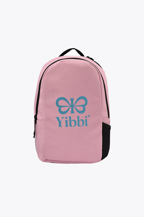Kids sports backpack, pastel pink front with black straps and Yibbi logo