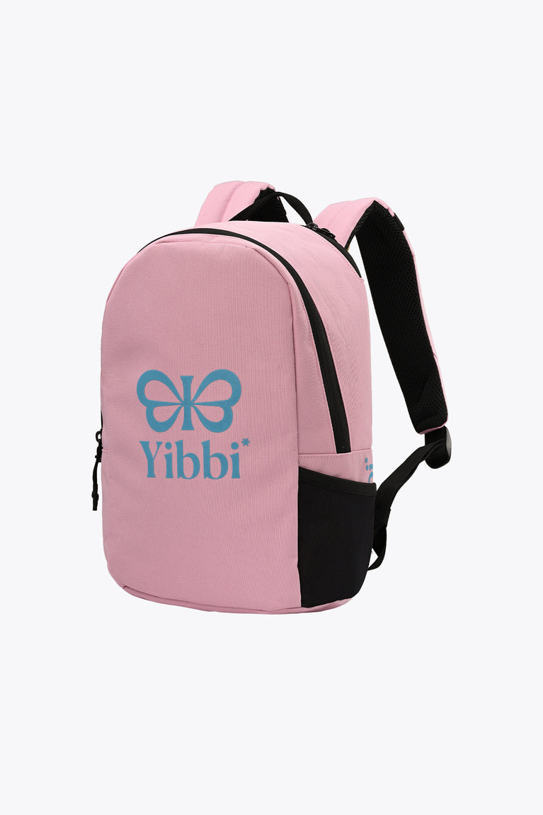 Kids sports backpack, pastel pink side view with black shoulder strap and Yibbi logo