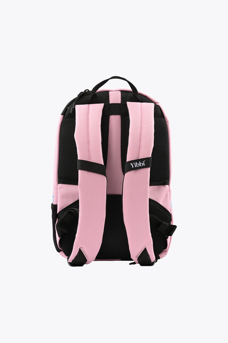 Kids sports backpack back view, pastel pink panel with black mesh straps and Yibbi