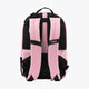 Kids sports backpack back view, pastel pink panel with black mesh straps and Yibbi