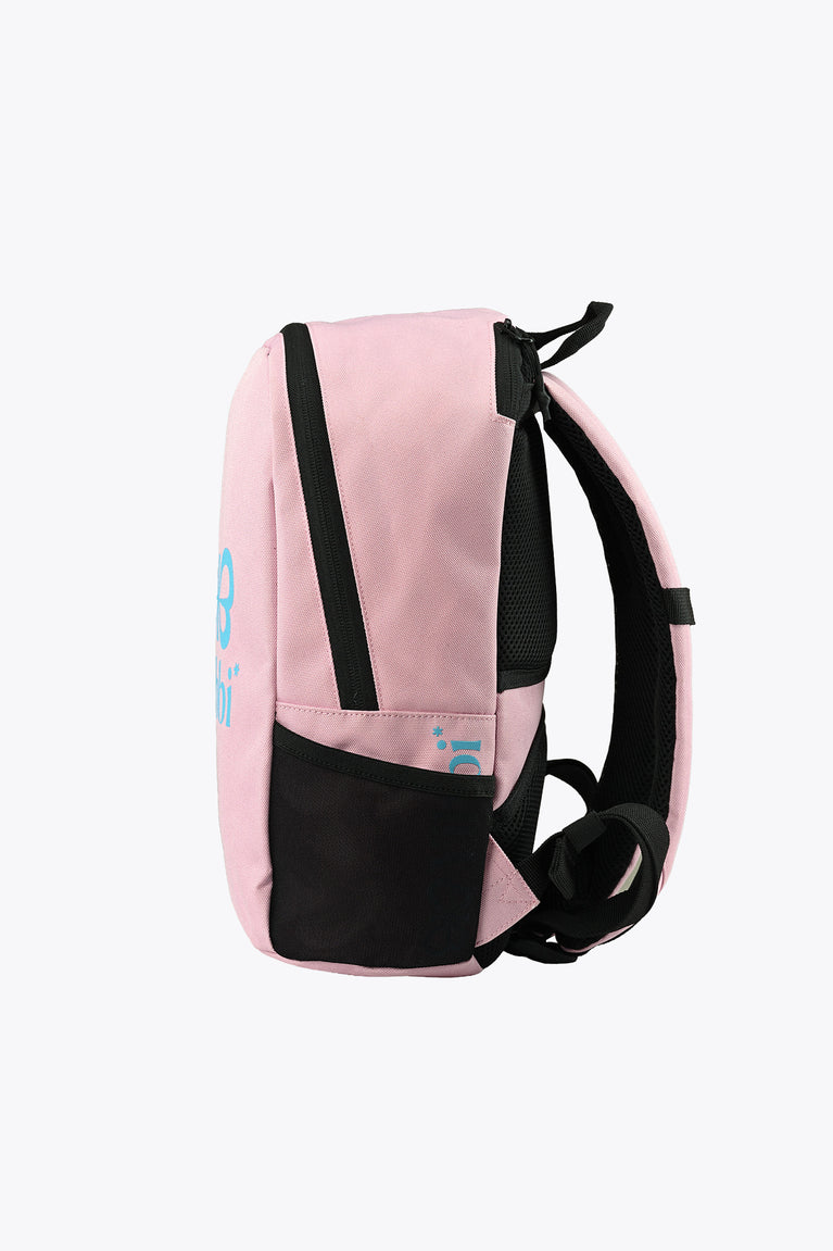 Kids sports backpack, pastel pink with front storage panel and black padded straps