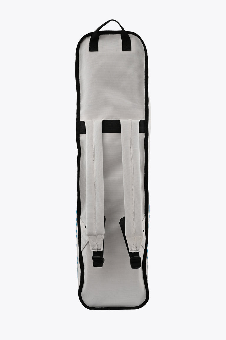 Small sports stickbag back view: white with black carry handle and adjustable straps