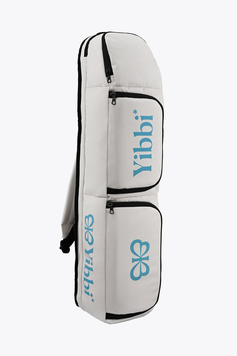 Small sports stickbag side view in white with black edging and blue logo graphic