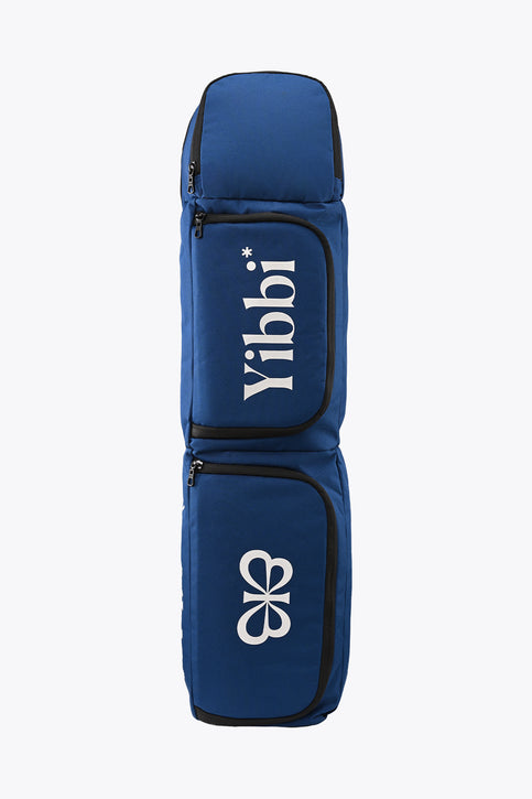 Small sports stickbag in blue with black trim, front panels and zipper pockets
