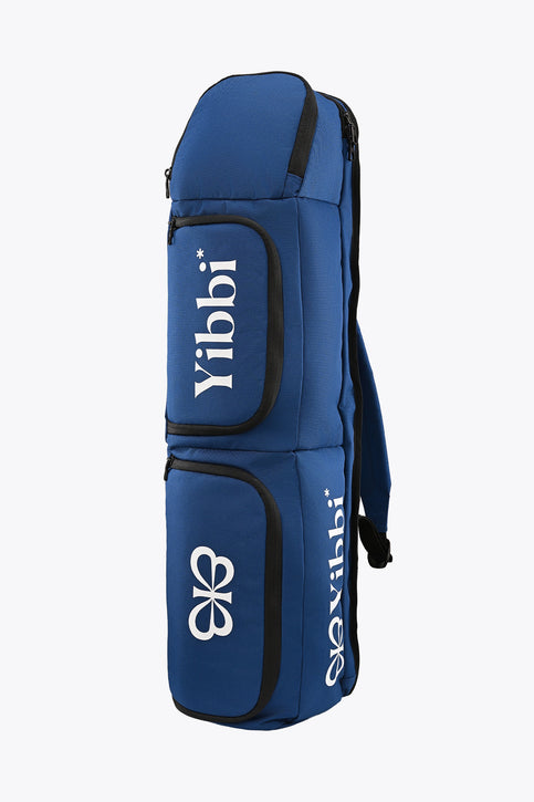 Small sports stickbag in blue with black trim, front panels and zipper pockets