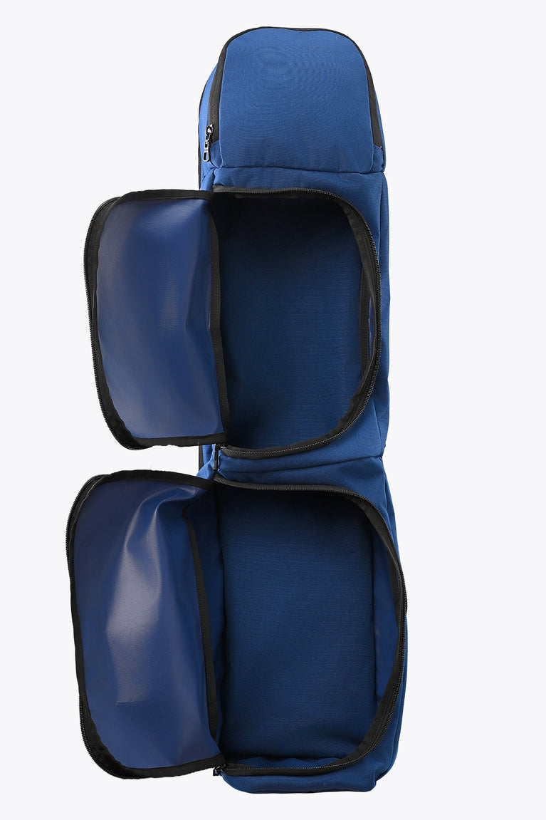 Small sports stickbag with front openings, blue padded compartments and black trim