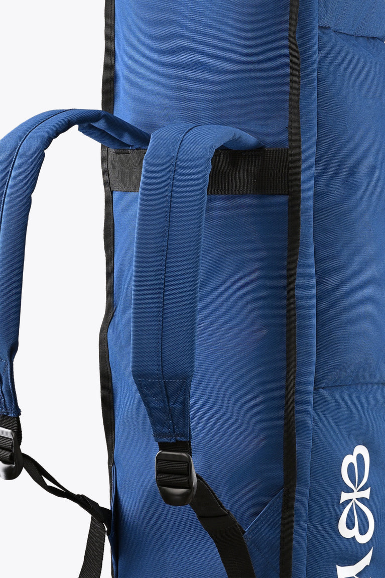Small sports stickbag close-up: blue padded body with black shoulder strap and logo