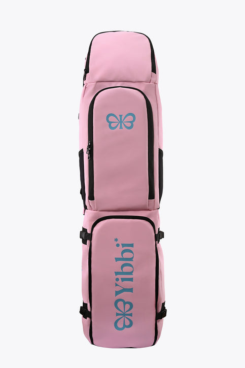 Large pastel pink hockey stick bag with black trim and two stick sleeves