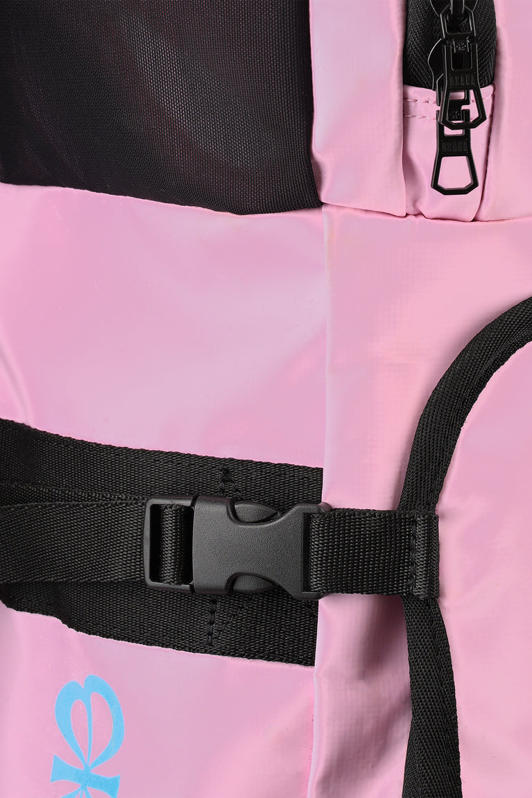 Pastel pink hockey stick bag with black webbing belt and adjustable buckle