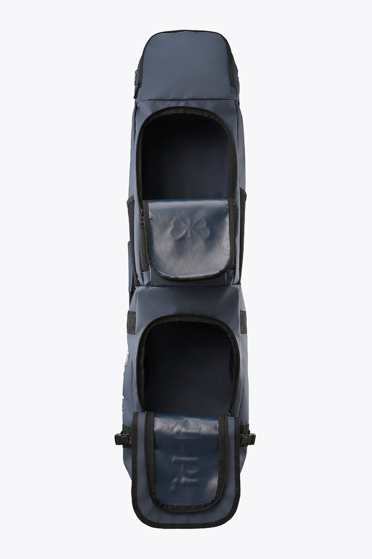 Large hockey stick bag, dark navy, open top showing twin stick compartments