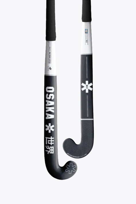 Hockey stick with white shaft and black rounded head, curved blade with grip marks