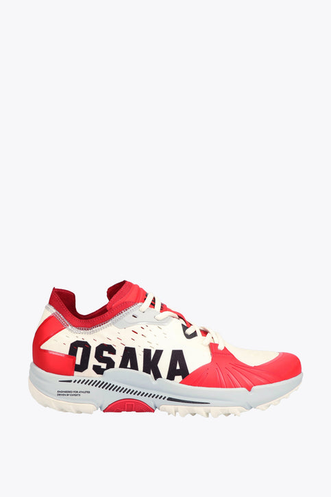 Osaka footwear Ido Mk1 in white and red with logo in black. Side view