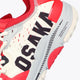 Osaka footwear Ido Mk1 in white and red with logo in black. Detail logo view