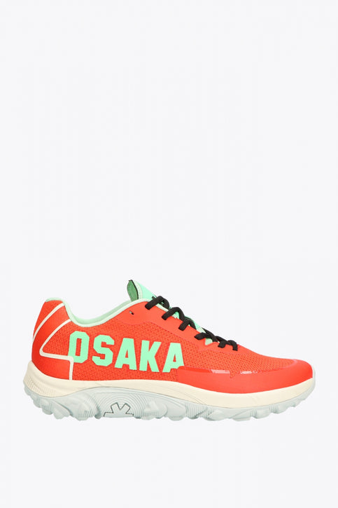 Osaka footwear Kai Mk1 in oxy fire and cream jade with logo in green. Side view