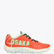 Osaka footwear Kai Mk1 in oxy fire and cream jade with logo in green. Side view