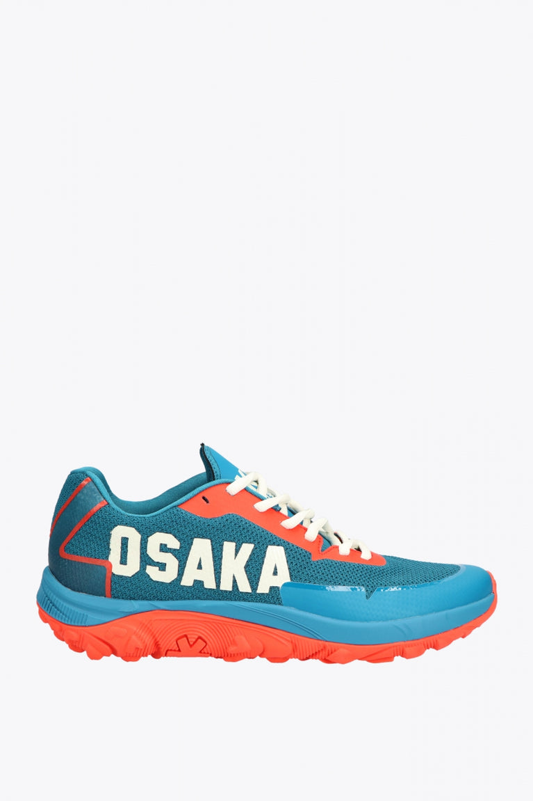 Osaka footwear Kai Mk1 in french navy and oxy fire and red with logo in white. Side view