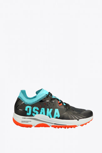 Archive Sale Osaka footwear Ido Mk1 in black and aqua blue with logo in aqua blue. Side view