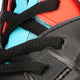 Osaka footwear Ido Mk1 in black and aqua blue with logo in aqua blue. Detail shoelace view