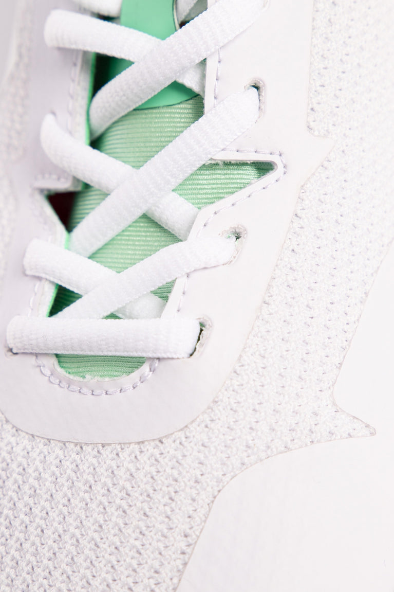 Osaka footwear Kai Mk1 in white with logo in white. Detail shoelace view