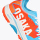 Osaka footwear Ido Mk1 in orange and blue with logo in white. Detail logo view