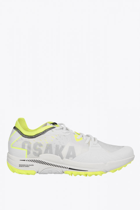 Osaka footwear Ido Mk1 in white and yellow with logo in grey. Side view