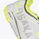 Osaka footwear Ido Mk1 in white and yellow with logo in grey. Detail logo view