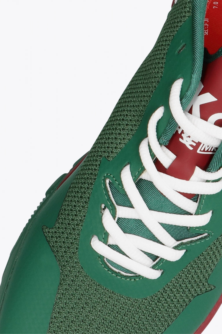 Osaka footwear Kai Mk1 in green maroon with logo. Detail shoelace view