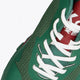 Osaka footwear Kai Mk1 in green maroon with logo. Detail shoelace view