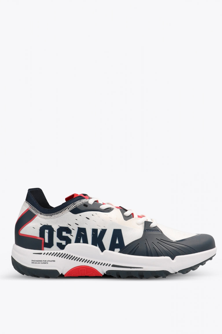 Osaka footwear Ido Mk1 in white and navy with logo in navy. Side view