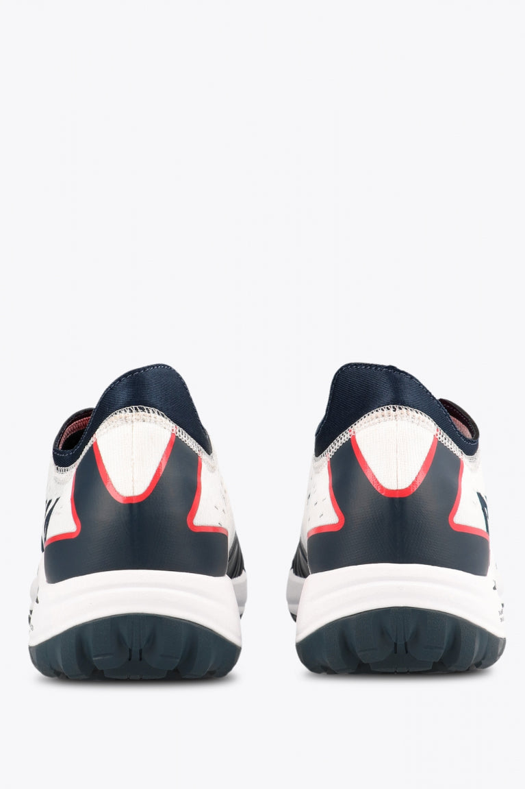 Osaka footwear Ido Mk1 in white and navy with logo in navy. Back view