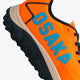 Osaka footwear Kai Mk1 in orange with logo in blue. Detail logo view
