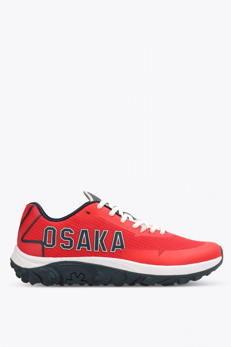Osaka footwear Kai Mk1 in red with logo in navy. Side view