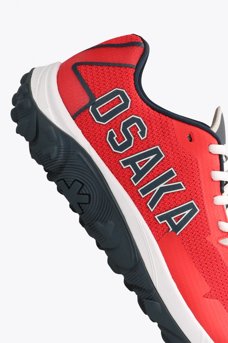 Osaka footwear Kai Mk1 in red with logo in navy. Detail logo view
