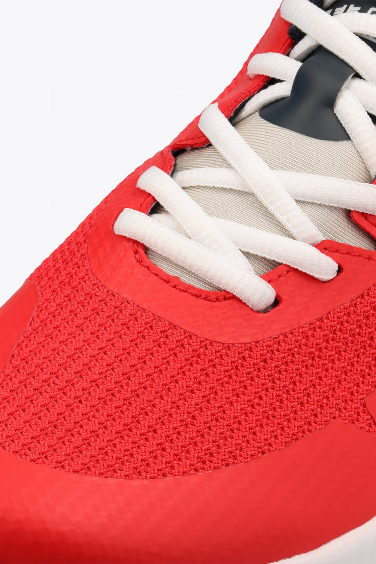 Osaka footwear Kai Mk1 in red with logo in navy. Detail shoelace view